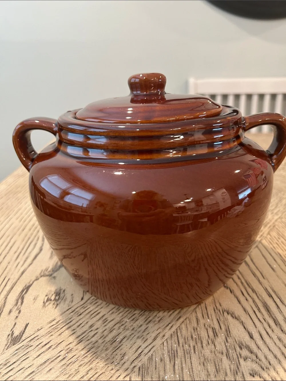 Vintage Brown Glazed Ceramic Covered bean pot